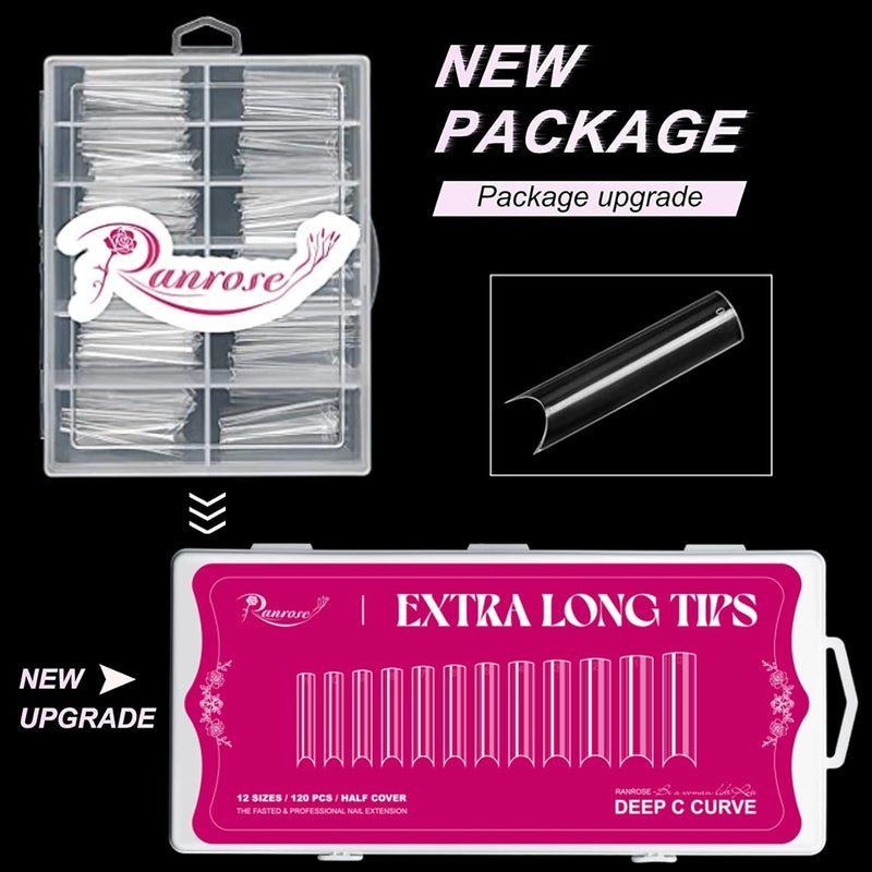 ranrose 120PCS Extra Long Nail Tips,XXL Super Long Half Cover Deep C Curve False Nails 12 Sizes Tapered Square Press on Nails with Box - Image 2